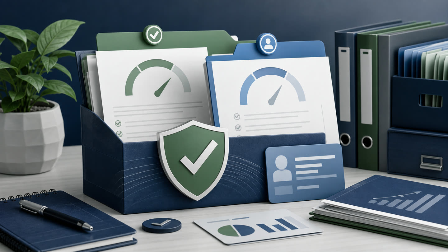 Secure credit readiness folder with abstract reports, check marks, and organized records.