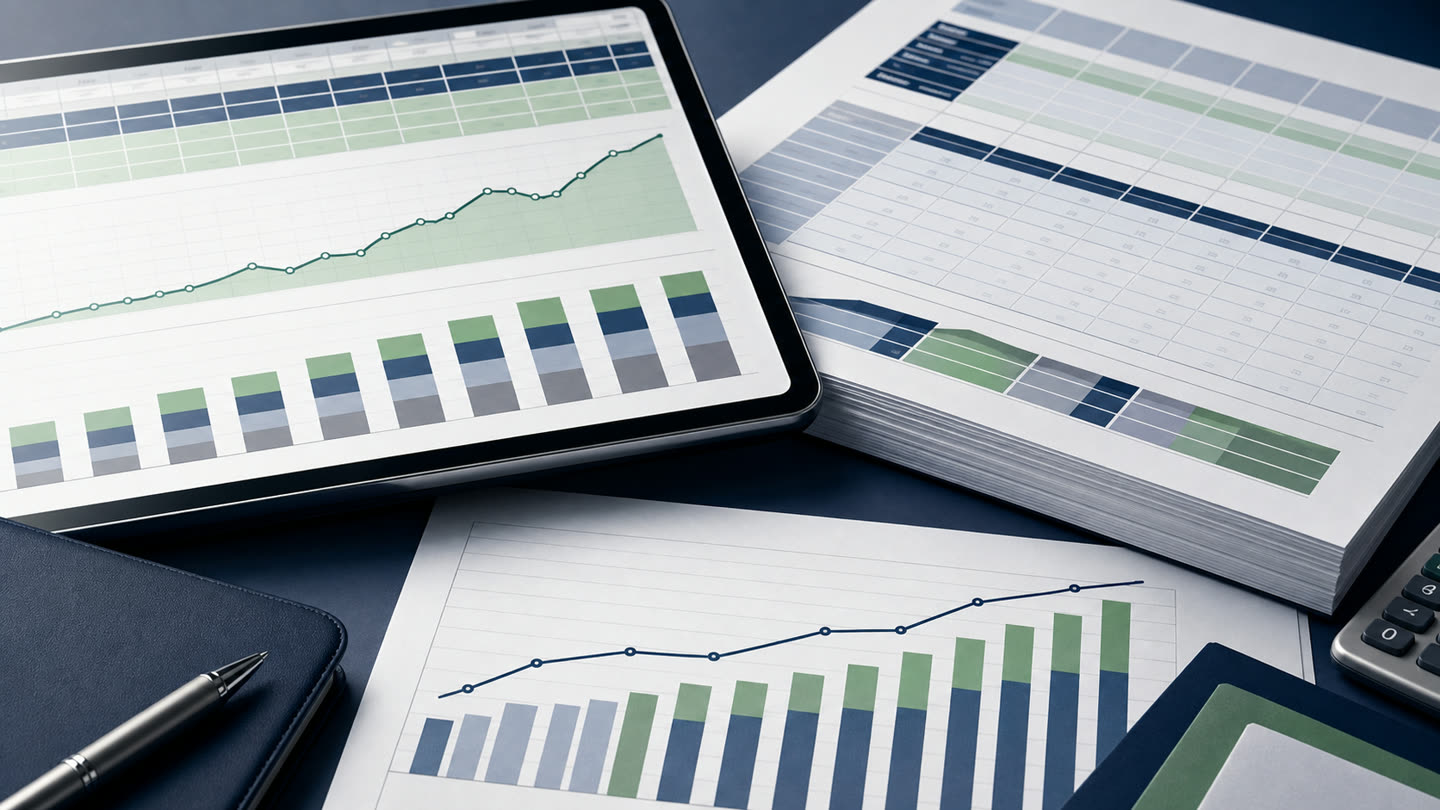 Financial projection workbook with clean charts and spreadsheet pages.