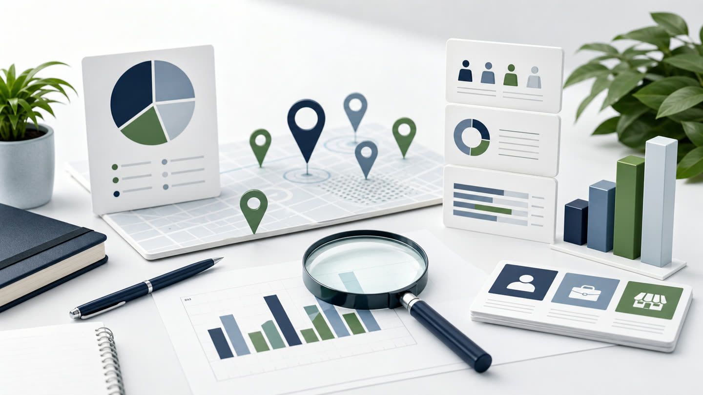 Market research workspace with map markers, customer cards, and comparison charts.