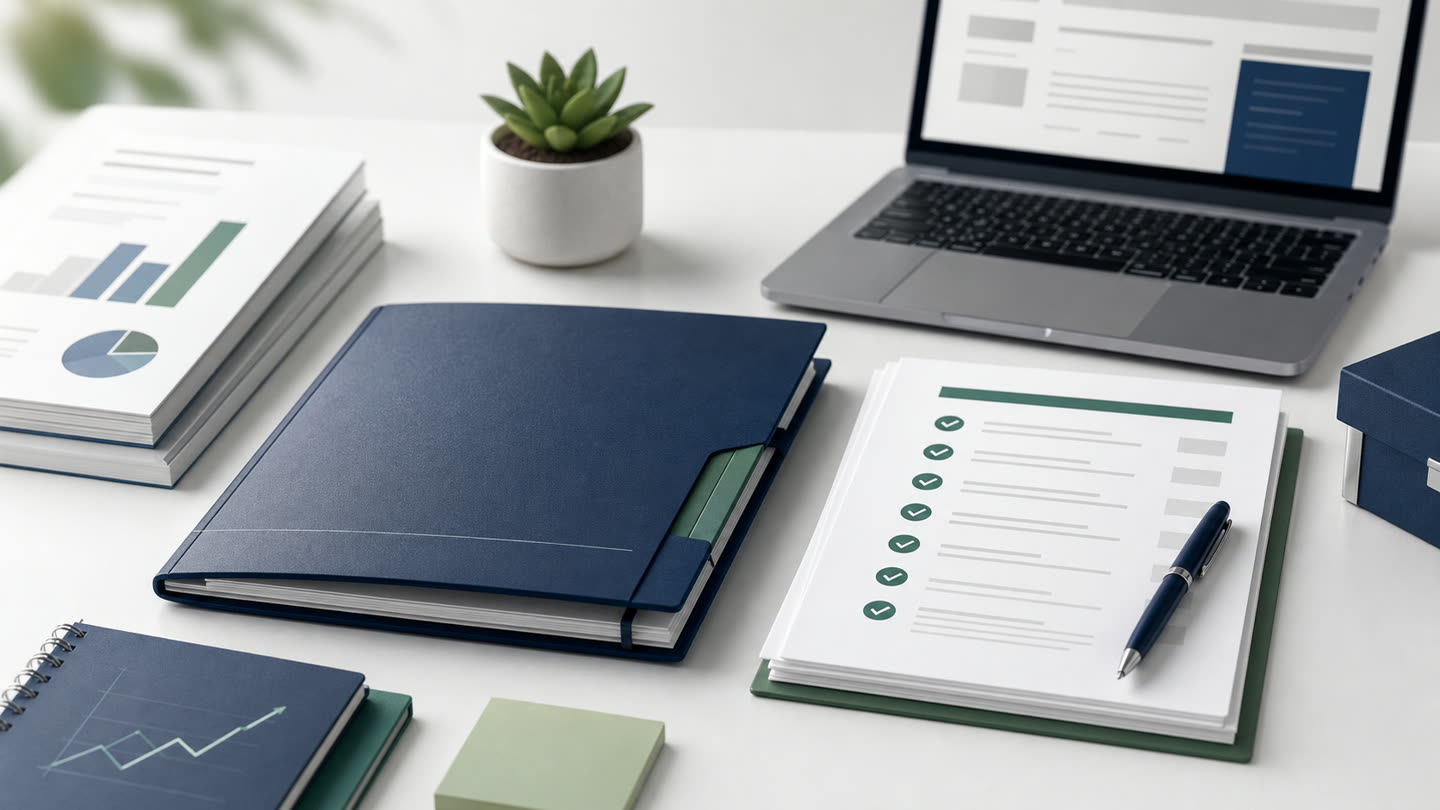 Organized business plan folder and loan readiness checklist on a clean desk.