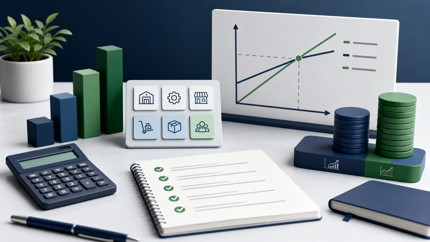 Startup cost planning desk with break-even chart, calculator, and organized checklist.