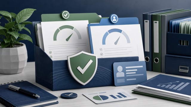 Secure credit readiness folder with abstract reports, check marks, and organized records.