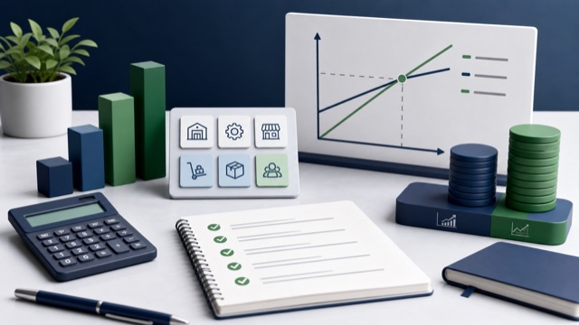 Startup cost planning desk with break-even chart, calculator, and organized checklist.
